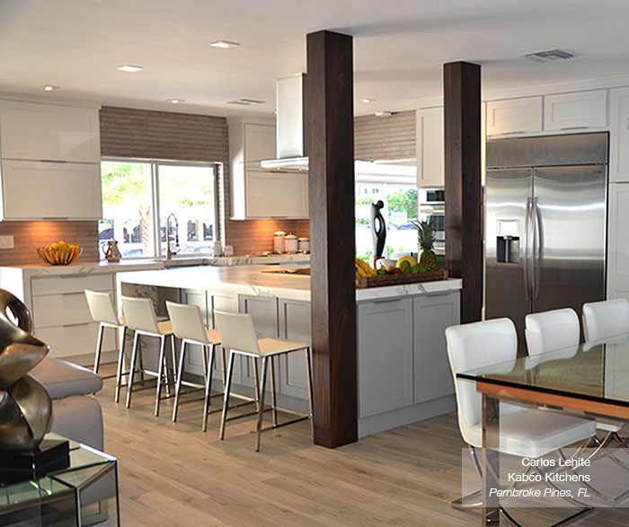 White Cabinets with a Gray Kitchen Island