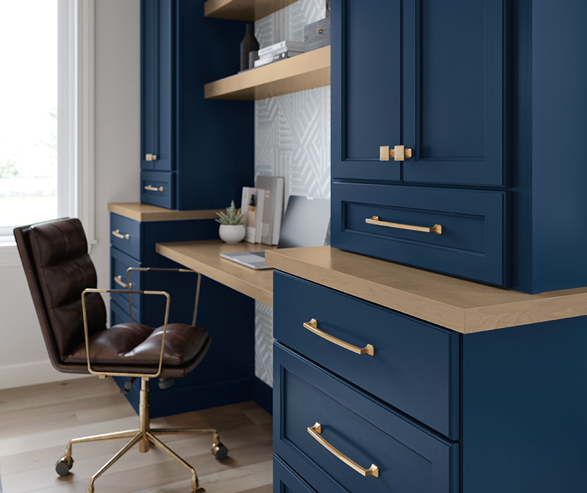 Home Office with Built-In Blue Desk Cabinets